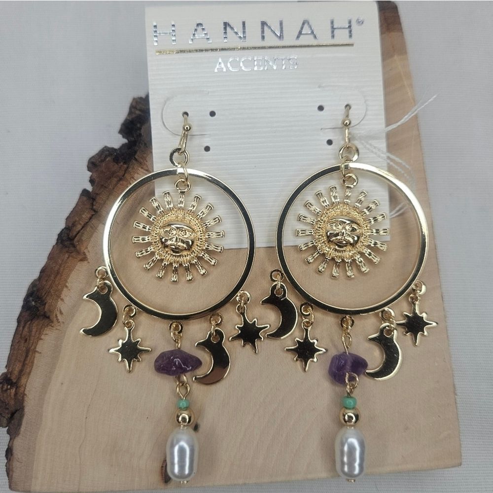 Hannah Accents Bright Sun, Moon, Stars, And Pearl Dangles 2.75" NWT
